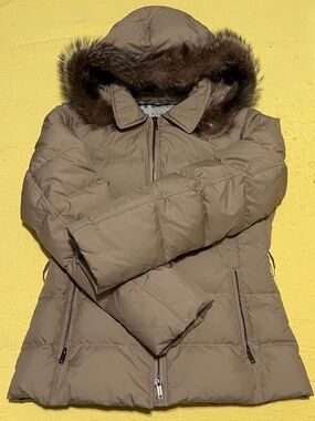 BURBERRY LONDON Quilted Puffed goose down fur trimmmed removable hood jacket~S~